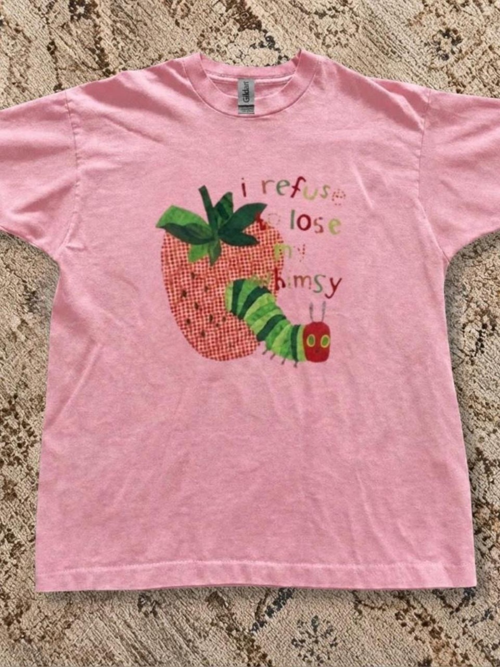 Gildan Pink Short-Sleeve Tee with Colorful Caterpillar Graphic
